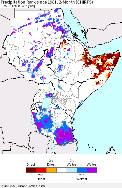 Eastern Africa Precipitation Rank since 1981, 2-Month (CHIRPS) Thematic Map For 12/16/2023 - 2/15/2024