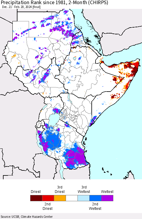 Eastern Africa Precipitation Rank since 1981, 2-Month (CHIRPS) Thematic Map For 12/21/2023 - 2/20/2024