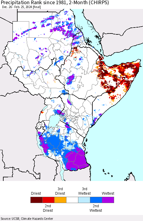 Eastern Africa Precipitation Rank since 1981, 2-Month (CHIRPS) Thematic Map For 12/26/2023 - 2/25/2024