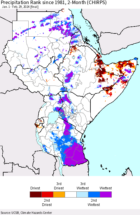 Eastern Africa Precipitation Rank since 1981, 2-Month (CHIRPS) Thematic Map For 1/1/2024 - 2/29/2024