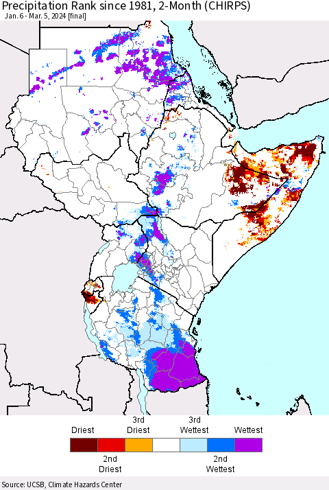 Eastern Africa Precipitation Rank since 1981, 2-Month (CHIRPS) Thematic Map For 1/6/2024 - 3/5/2024
