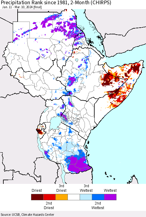 Eastern Africa Precipitation Rank since 1981, 2-Month (CHIRPS) Thematic Map For 1/11/2024 - 3/10/2024
