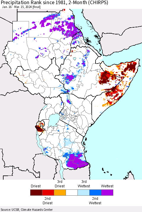 Eastern Africa Precipitation Rank since 1981, 2-Month (CHIRPS) Thematic Map For 1/16/2024 - 3/15/2024