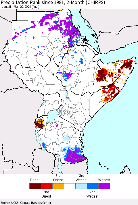 Eastern Africa Precipitation Rank since 1981, 2-Month (CHIRPS) Thematic Map For 1/21/2024 - 3/20/2024