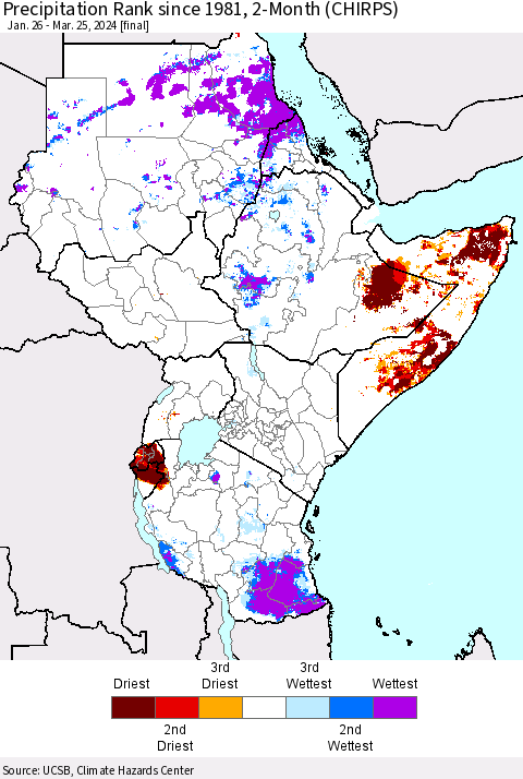 Eastern Africa Precipitation Rank since 1981, 2-Month (CHIRPS) Thematic Map For 1/26/2024 - 3/25/2024