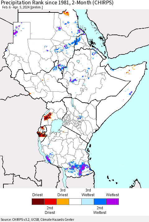 Eastern Africa Precipitation Rank since 1981, 2-Month (CHIRPS) Thematic Map For 2/6/2024 - 4/5/2024
