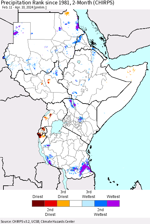 Eastern Africa Precipitation Rank since 1981, 2-Month (CHIRPS) Thematic Map For 2/11/2024 - 4/10/2024