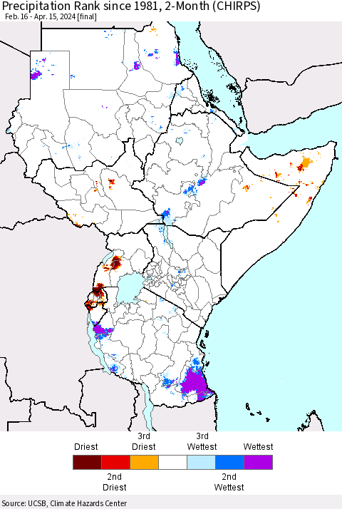 Eastern Africa Precipitation Rank since 1981, 2-Month (CHIRPS) Thematic Map For 2/16/2024 - 4/15/2024