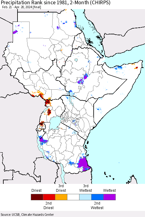 Eastern Africa Precipitation Rank since 1981, 2-Month (CHIRPS) Thematic Map For 2/21/2024 - 4/20/2024
