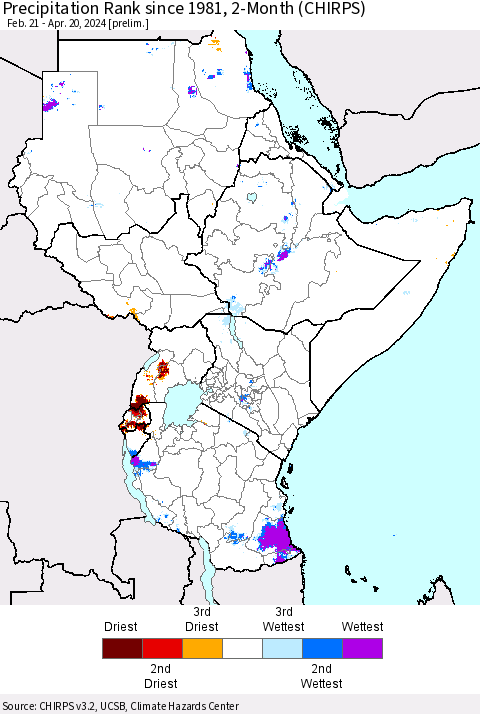 Eastern Africa Precipitation Rank since 1981, 2-Month (CHIRPS) Thematic Map For 2/21/2024 - 4/20/2024