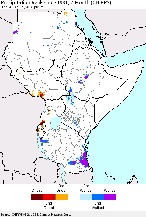 Eastern Africa Precipitation Rank since 1981, 2-Month (CHIRPS) Thematic Map For 2/26/2024 - 4/25/2024