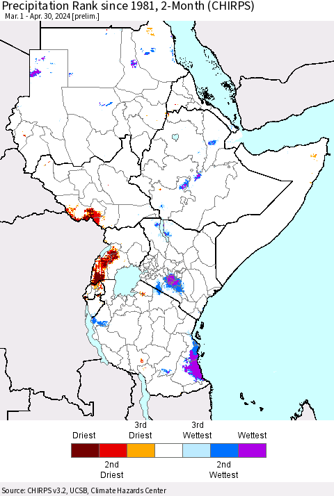 Eastern Africa Precipitation Rank since 1981, 2-Month (CHIRPS) Thematic Map For 3/1/2024 - 4/30/2024