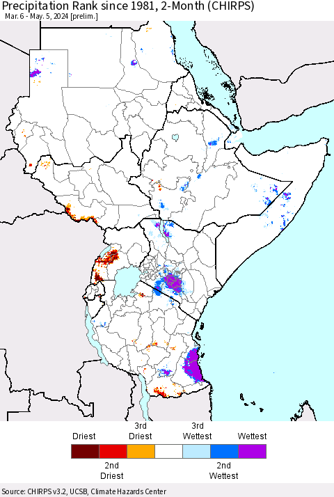 Eastern Africa Precipitation Rank since 1981, 2-Month (CHIRPS) Thematic Map For 3/6/2024 - 5/5/2024