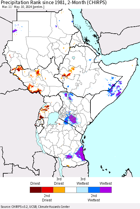 Eastern Africa Precipitation Rank since 1981, 2-Month (CHIRPS) Thematic Map For 3/11/2024 - 5/10/2024