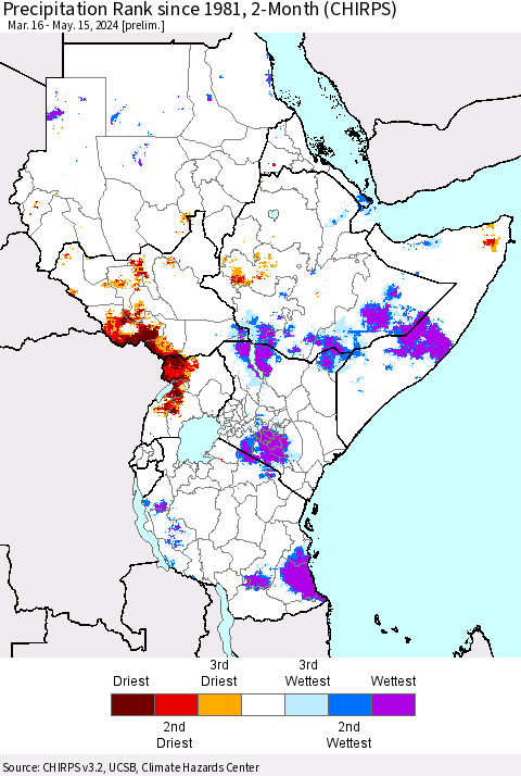 Eastern Africa Precipitation Rank since 1981, 2-Month (CHIRPS) Thematic Map For 3/16/2024 - 5/15/2024