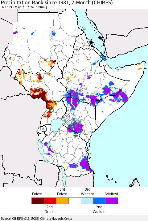 Eastern Africa Precipitation Rank since 1981, 2-Month (CHIRPS) Thematic Map For 3/21/2024 - 5/20/2024