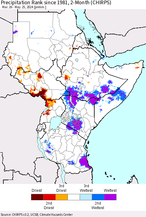 Eastern Africa Precipitation Rank since 1981, 2-Month (CHIRPS) Thematic Map For 3/26/2024 - 5/25/2024