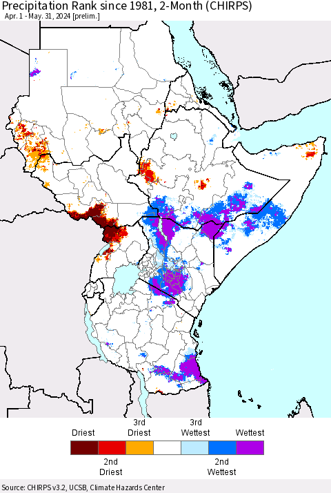 Eastern Africa Precipitation Rank since 1981, 2-Month (CHIRPS) Thematic Map For 4/1/2024 - 5/31/2024