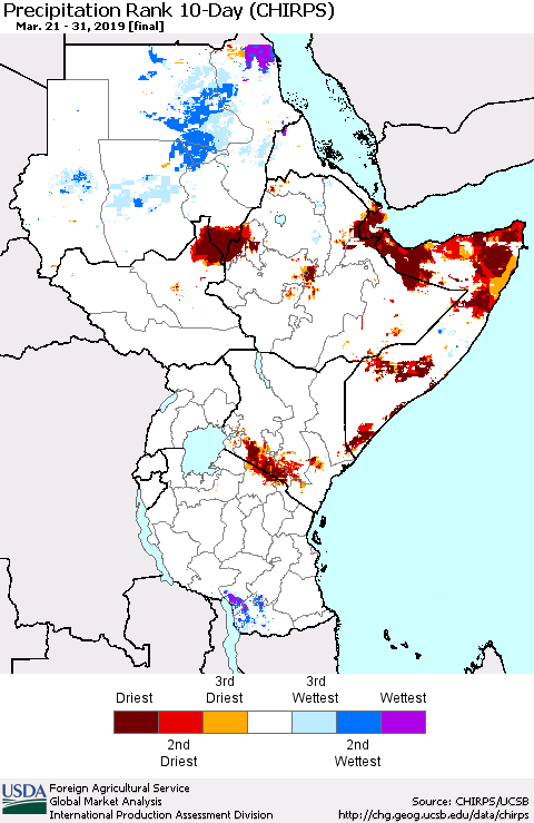 Eastern Africa Precipitation Rank since 1981, 10-Day (CHIRPS) Thematic Map For 3/21/2019 - 3/31/2019