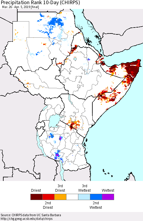 Eastern Africa Precipitation Rank since 1981, 10-Day (CHIRPS) Thematic Map For 3/26/2019 - 4/5/2019
