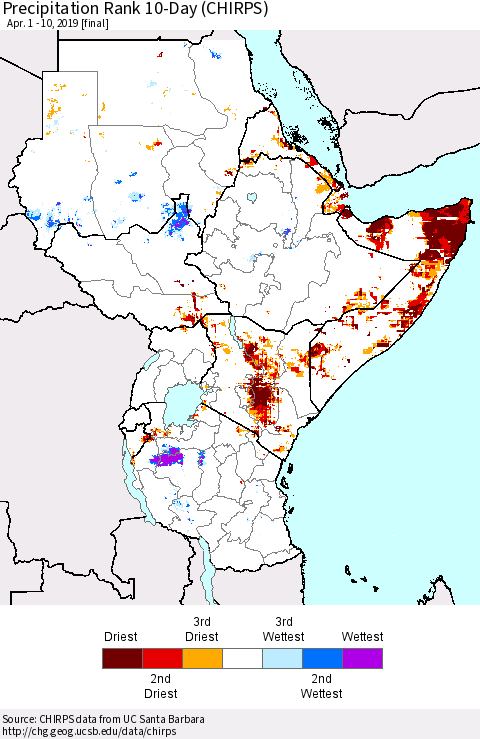 Eastern Africa Precipitation Rank since 1981, 10-Day (CHIRPS) Thematic Map For 4/1/2019 - 4/10/2019