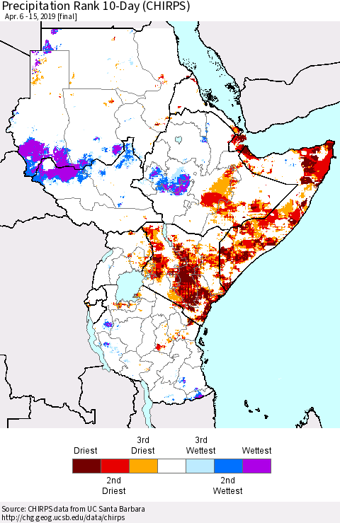 Eastern Africa Precipitation Rank since 1981, 10-Day (CHIRPS) Thematic Map For 4/6/2019 - 4/15/2019