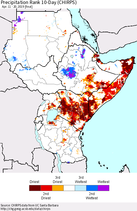 Eastern Africa Precipitation Rank since 1981, 10-Day (CHIRPS) Thematic Map For 4/11/2019 - 4/20/2019