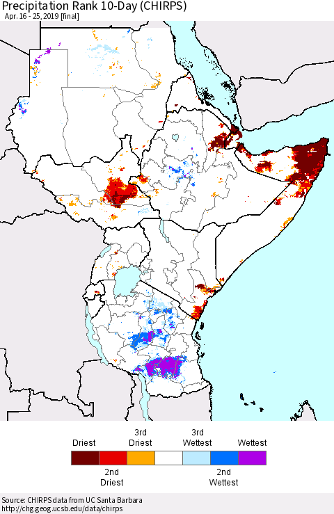 Eastern Africa Precipitation Rank since 1981, 10-Day (CHIRPS) Thematic Map For 4/16/2019 - 4/25/2019