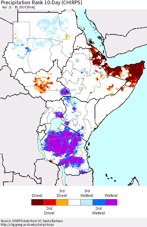 Eastern Africa Precipitation Rank since 1981, 10-Day (CHIRPS) Thematic Map For 4/21/2019 - 4/30/2019