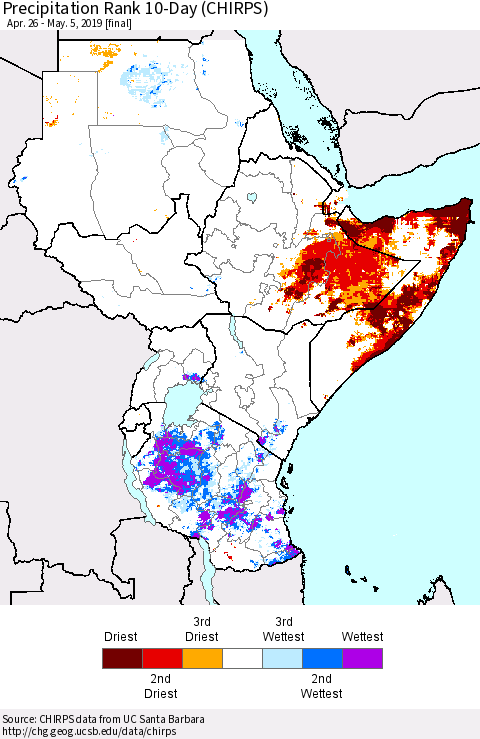 Eastern Africa Precipitation Rank since 1981, 10-Day (CHIRPS) Thematic Map For 4/26/2019 - 5/5/2019