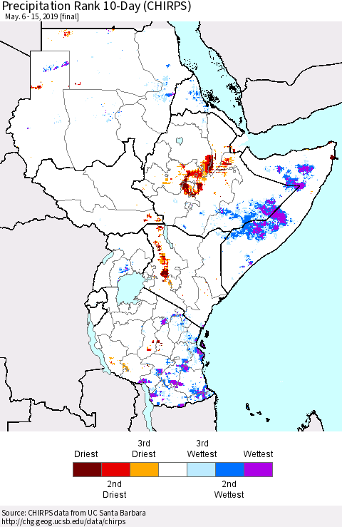 Eastern Africa Precipitation Rank since 1981, 10-Day (CHIRPS) Thematic Map For 5/6/2019 - 5/15/2019
