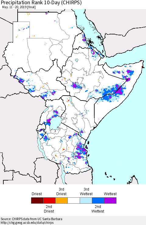 Eastern Africa Precipitation Rank since 1981, 10-Day (CHIRPS) Thematic Map For 5/11/2019 - 5/20/2019