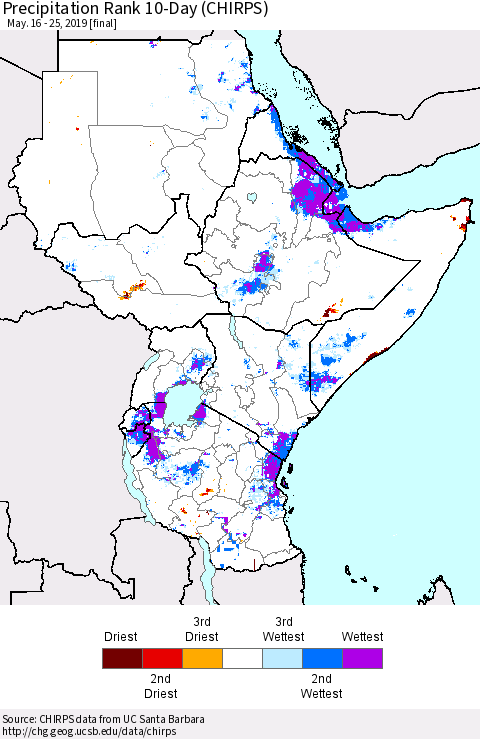 Eastern Africa Precipitation Rank since 1981, 10-Day (CHIRPS) Thematic Map For 5/16/2019 - 5/25/2019