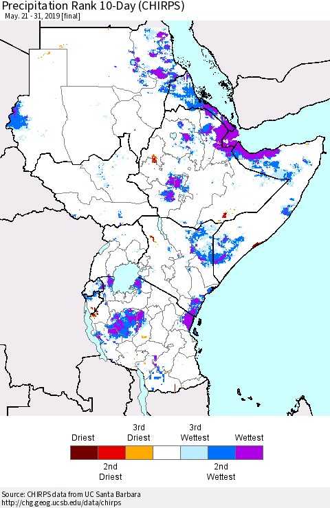 Eastern Africa Precipitation Rank since 1981, 10-Day (CHIRPS) Thematic Map For 5/21/2019 - 5/31/2019
