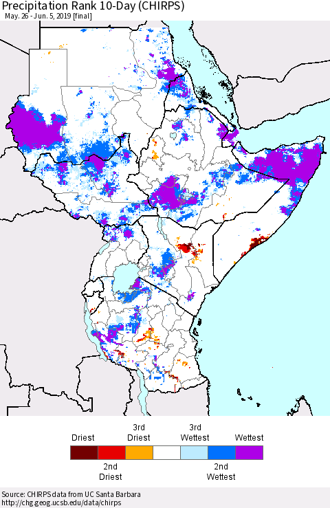 Eastern Africa Precipitation Rank since 1981, 10-Day (CHIRPS) Thematic Map For 5/26/2019 - 6/5/2019