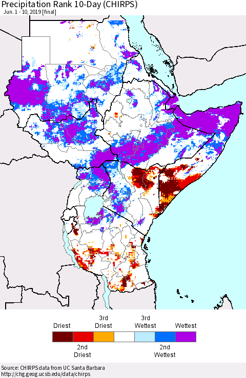 Eastern Africa Precipitation Rank since 1981, 10-Day (CHIRPS) Thematic Map For 6/1/2019 - 6/10/2019