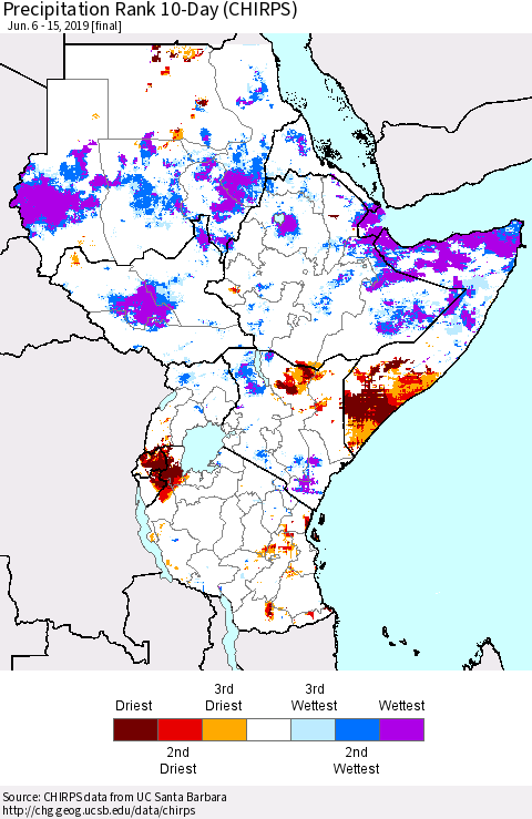 Eastern Africa Precipitation Rank since 1981, 10-Day (CHIRPS) Thematic Map For 6/6/2019 - 6/15/2019
