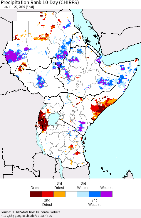 Eastern Africa Precipitation Rank since 1981, 10-Day (CHIRPS) Thematic Map For 6/11/2019 - 6/20/2019