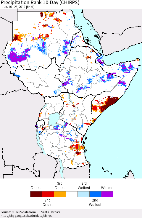 Eastern Africa Precipitation Rank since 1981, 10-Day (CHIRPS) Thematic Map For 6/16/2019 - 6/25/2019