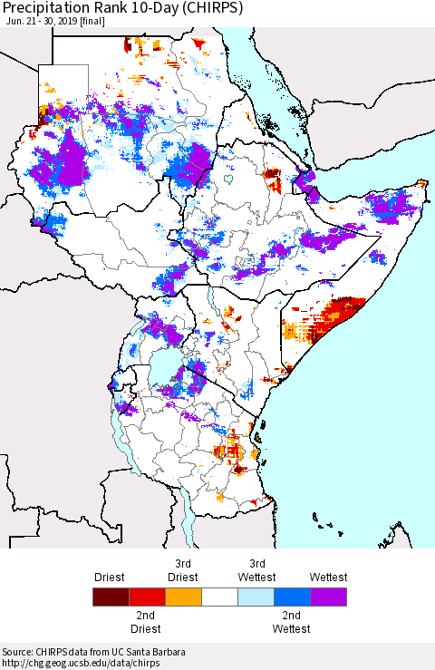 Eastern Africa Precipitation Rank since 1981, 10-Day (CHIRPS) Thematic Map For 6/21/2019 - 6/30/2019