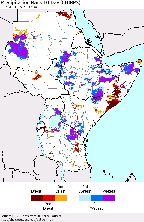 Eastern Africa Precipitation Rank since 1981, 10-Day (CHIRPS) Thematic Map For 6/26/2019 - 7/5/2019