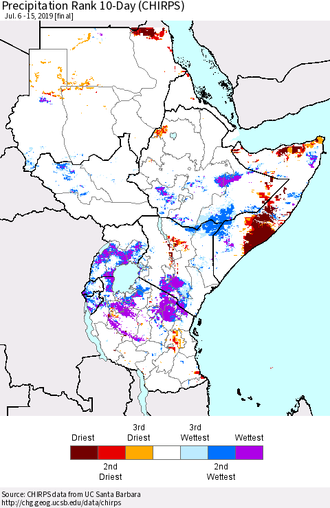 Eastern Africa Precipitation Rank since 1981, 10-Day (CHIRPS) Thematic Map For 7/6/2019 - 7/15/2019