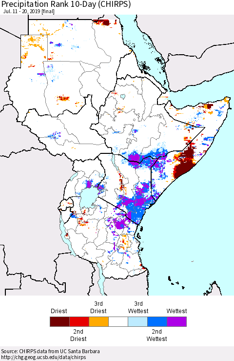 Eastern Africa Precipitation Rank since 1981, 10-Day (CHIRPS) Thematic Map For 7/11/2019 - 7/20/2019