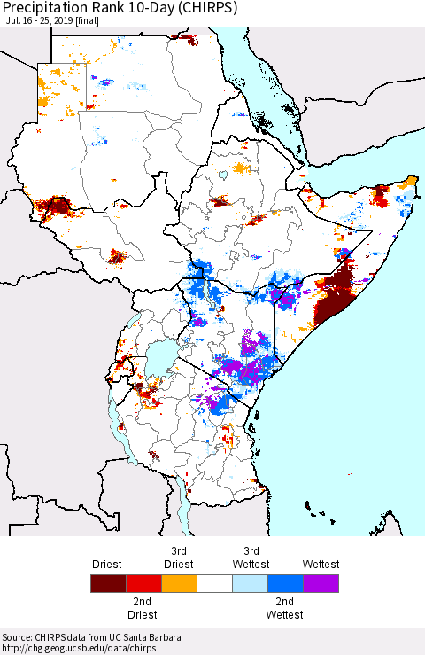 Eastern Africa Precipitation Rank since 1981, 10-Day (CHIRPS) Thematic Map For 7/16/2019 - 7/25/2019