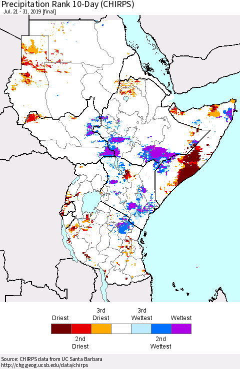 Eastern Africa Precipitation Rank since 1981, 10-Day (CHIRPS) Thematic Map For 7/21/2019 - 7/31/2019