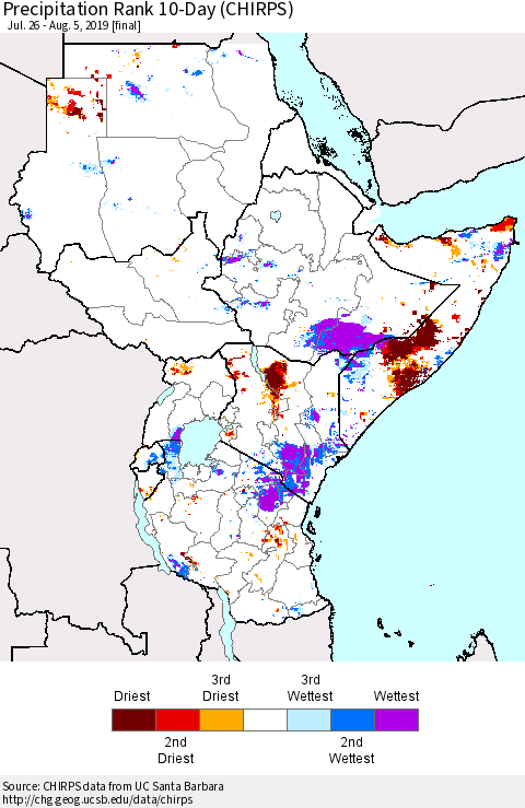 Eastern Africa Precipitation Rank since 1981, 10-Day (CHIRPS) Thematic Map For 7/26/2019 - 8/5/2019