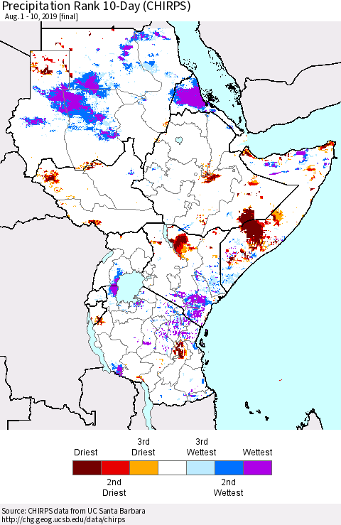 Eastern Africa Precipitation Rank since 1981, 10-Day (CHIRPS) Thematic Map For 8/1/2019 - 8/10/2019