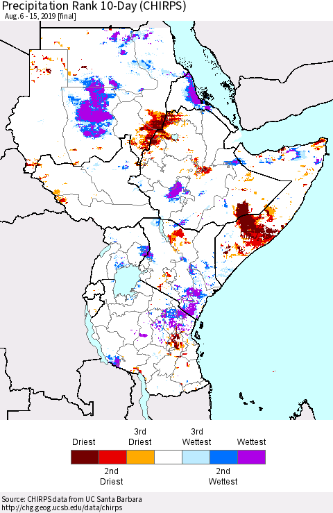 Eastern Africa Precipitation Rank since 1981, 10-Day (CHIRPS) Thematic Map For 8/6/2019 - 8/15/2019