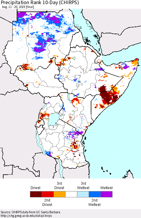 Eastern Africa Precipitation Rank since 1981, 10-Day (CHIRPS) Thematic Map For 8/11/2019 - 8/20/2019