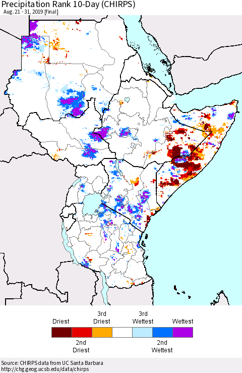 Eastern Africa Precipitation Rank since 1981, 10-Day (CHIRPS) Thematic Map For 8/21/2019 - 8/31/2019